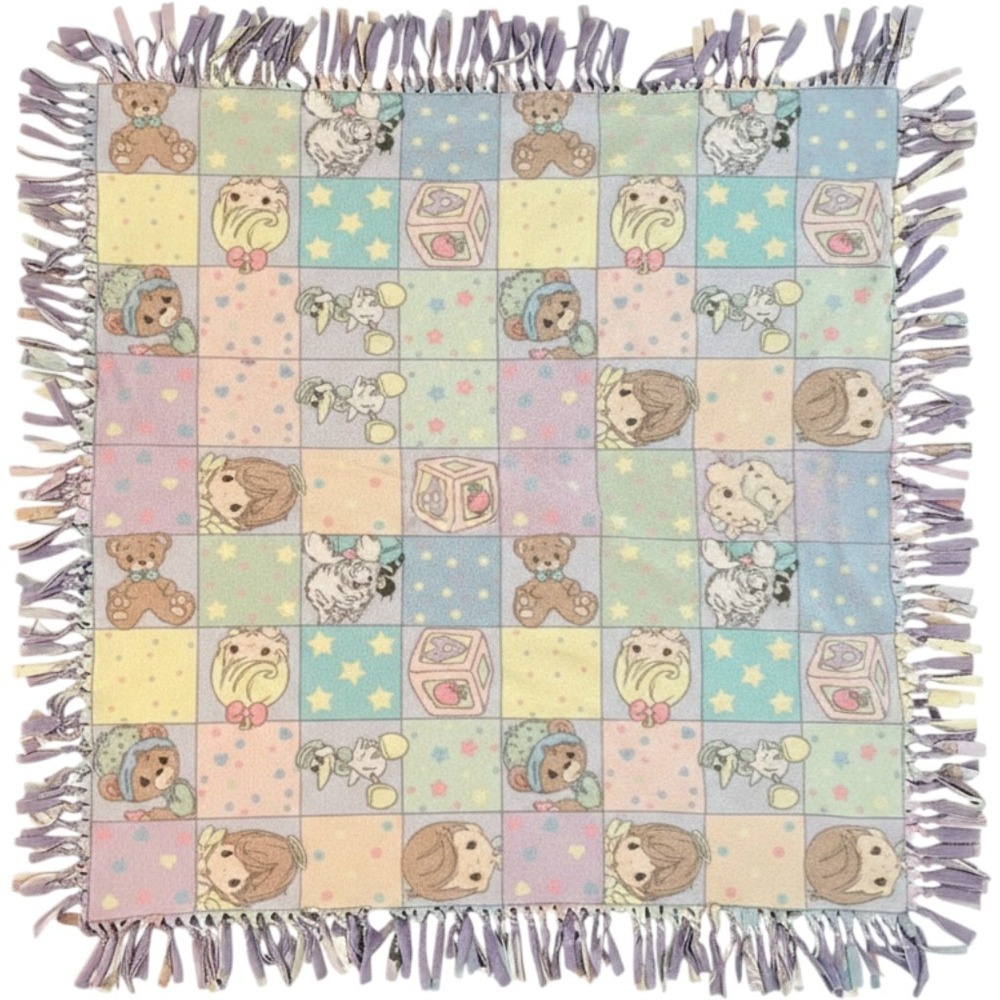 Vintage Precious Moments Blanket Baby Nursery Fleece Pastel Animals Fringe Throw